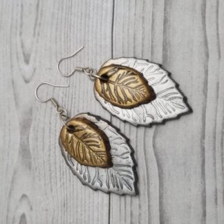 Metallic Look Leaf Earrings Silver and Gold