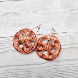 Faux Ceramic Disk Hoop Earrings Red/Bronze