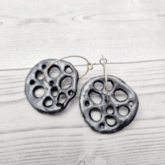 Faux Ceramic Disk Hoop Earrings Dark Silver
