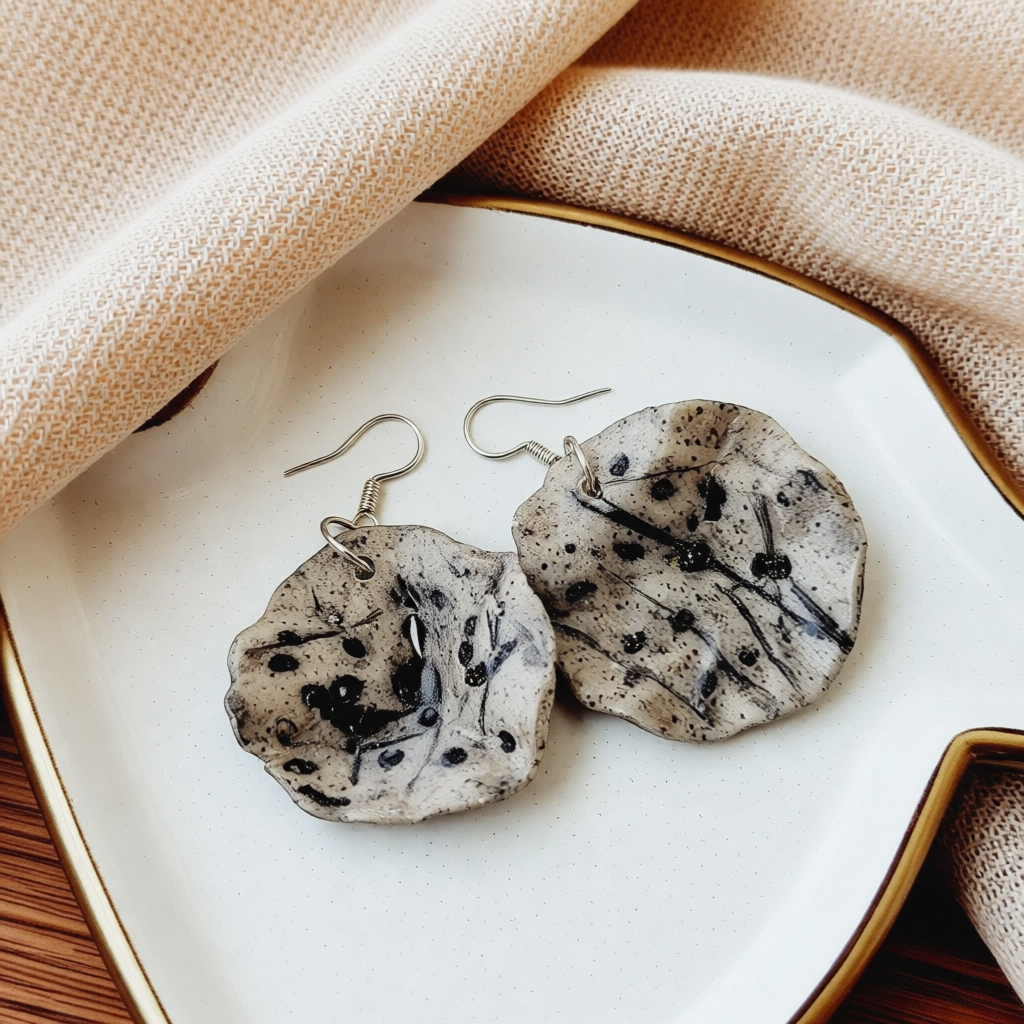 Hand Sculpted Polymer Clay Sea Dollar Disk Earrings in Stone