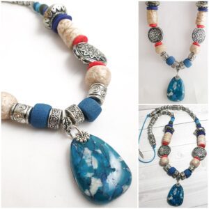 Faux Turquoise Tribal Polymer Clay Necklace Lightweight for All-Day Comfort Handmade Clay Necklace