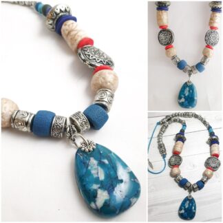 Faux Turquoise Tribal Polymer Clay Necklace Lightweight for All-Day Comfort Handmade Clay Necklace