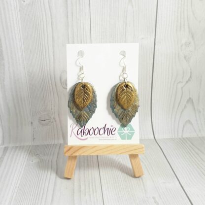 Metallic Look Leaf Earrings Turquoise and Gold