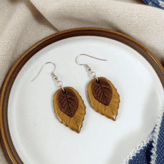 Polymer Clay Leaf Earrings – Bronze and Gold