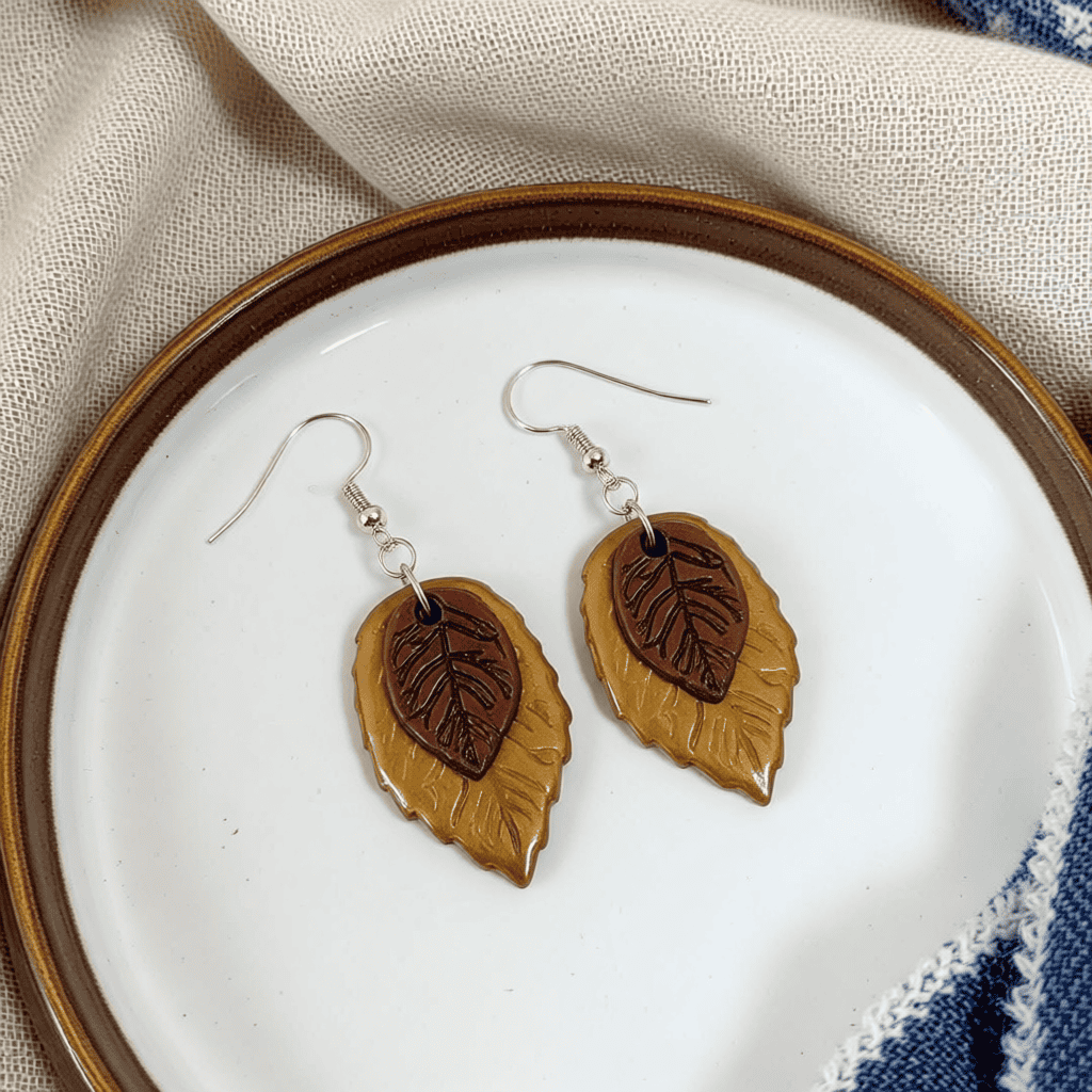 Polymer Clay Leaf Earrings – Bronze and Gold