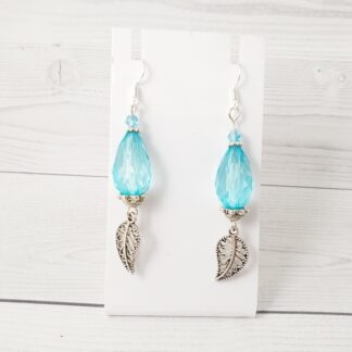 Beaded Charm Dangle Earrings Blue with Feather