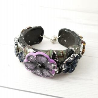 Hand Sculpted Polymer Clay Cuff Bracelet - Floral Purple