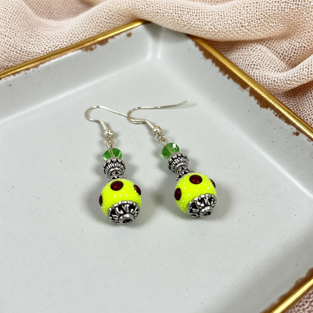 Green Polka Dot Bali Bead Earrings for Distinctive Artisanal Style