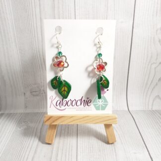 Beaded Charm Earrings Flowers and Green Leaves