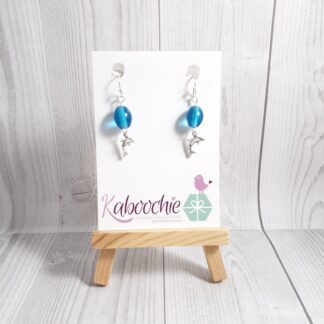 Beaded Charm Dangle Earrings Blue with Dolphin