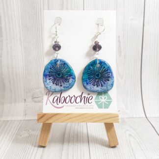 Hand Painted Inked Polymer Clay Earrings Blue Flower