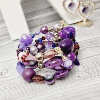 Memory Wire Wrap Beaded Bracelet - Purple