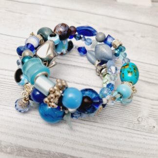 Memory Wire Wrap Beaded Bracelet - Blue