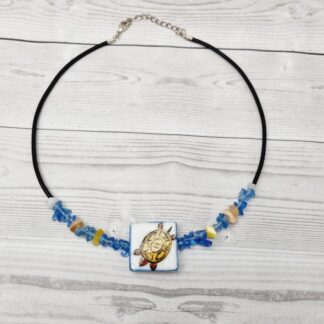 Blue Gem Stone Chips Turtle Choker Necklace