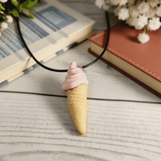 Novelty Miniature Food Waffle Cone Raspberry Swirl Ice Cream Necklace