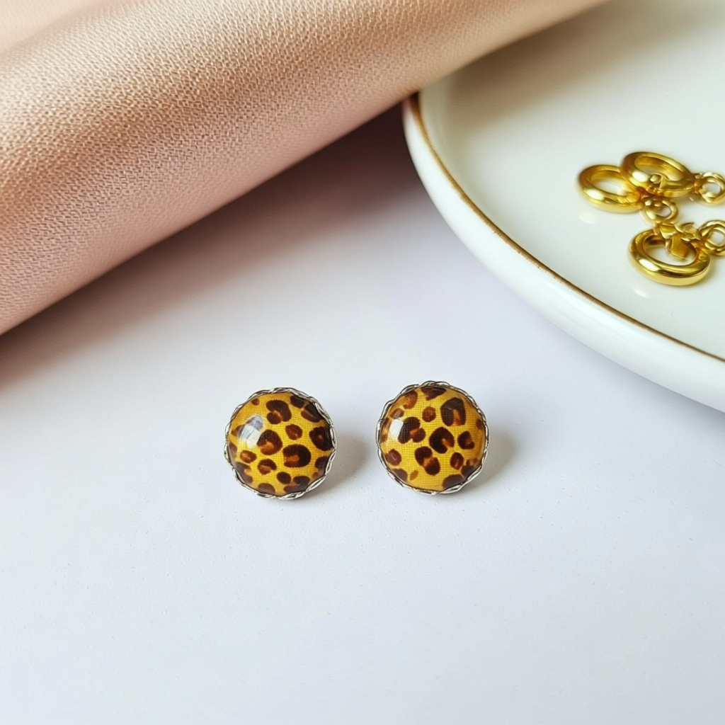 12 mm Silver Bezel Studs – Leopard Print Under A Glass Dome