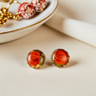 12 mm Silver Bezel Studs – Red Roses Under A Glass Dome
