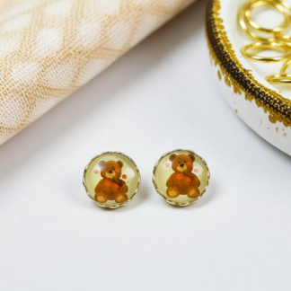 12 mm Silver Bezel Studs – Teddy Bears Under A Glass Dome