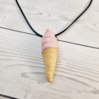Novelty Miniature Food Waffle Cone Swirl Ice Cream Necklace Pink