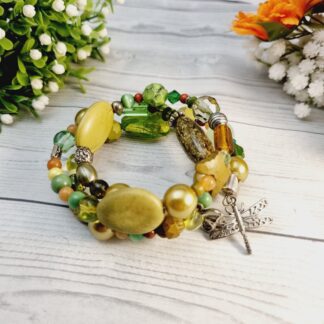 Memory Wire Wrap Beaded Bracelet - Green