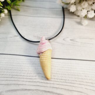 Novelty Miniature Food Waffle Cone Raspberry Swirl Ice Cream Necklace