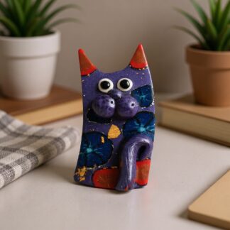 Hand-Sculpted Unique Whimsical Polymer Clay Cat Brooch – 6cm