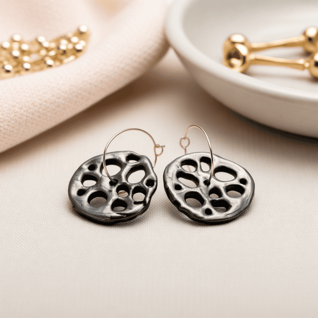 All-Day Lightweight Polymer Clay Faux Ceramic Hoop Earrings – Dark Silver