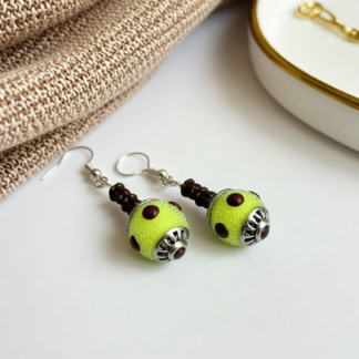 Artisan Polymer Clay Green Dangle Earrings – Polka Dot Bronze Design