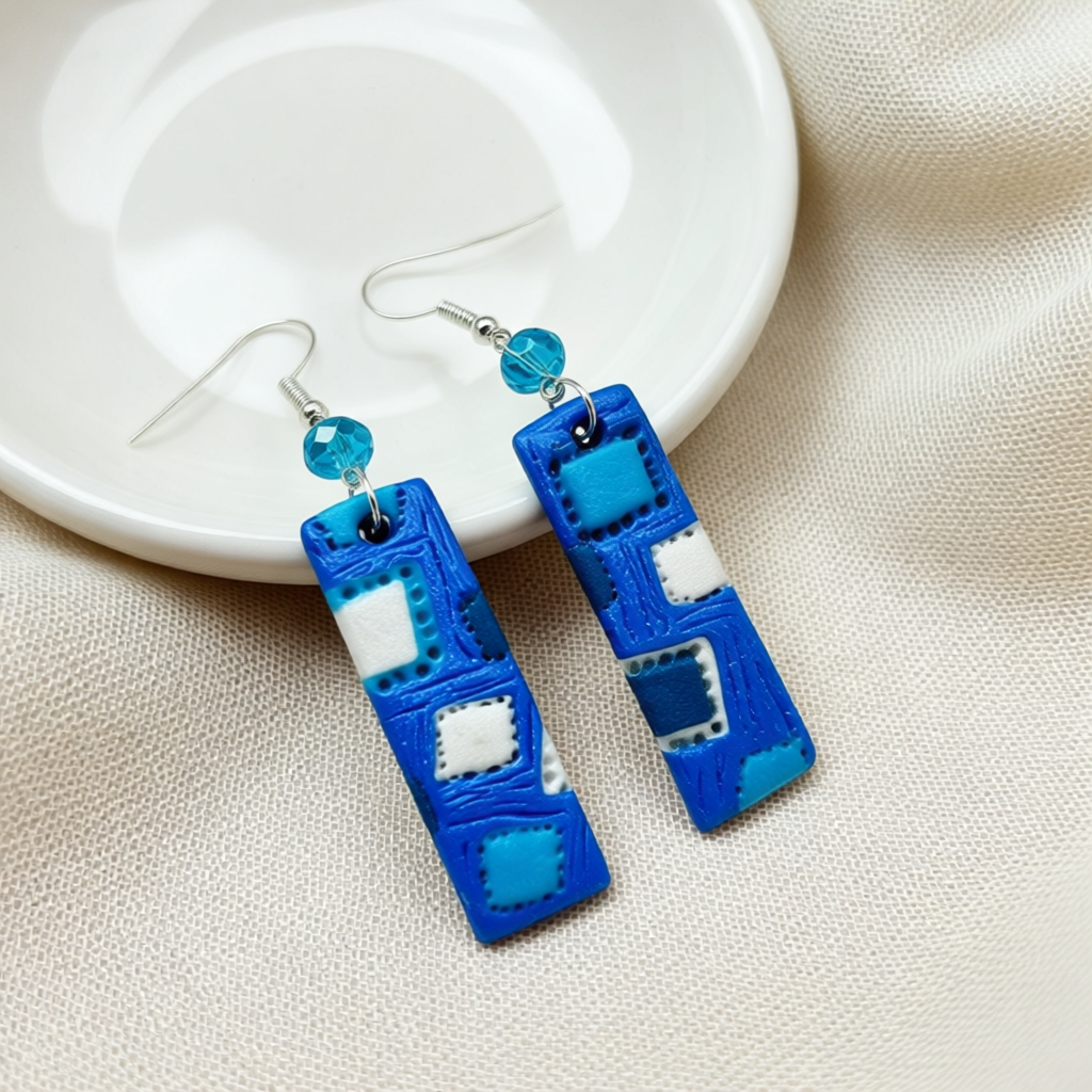 Artisanal Blue Patchwork Polymer Clay Earrings – Unique Style Statement