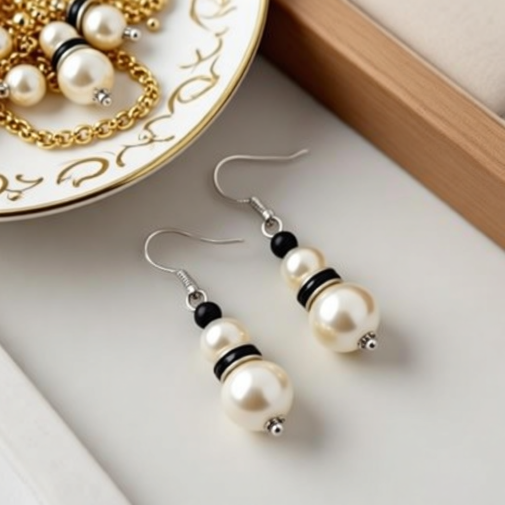 Black & Pearl Dangle Earrings – Handcrafted
