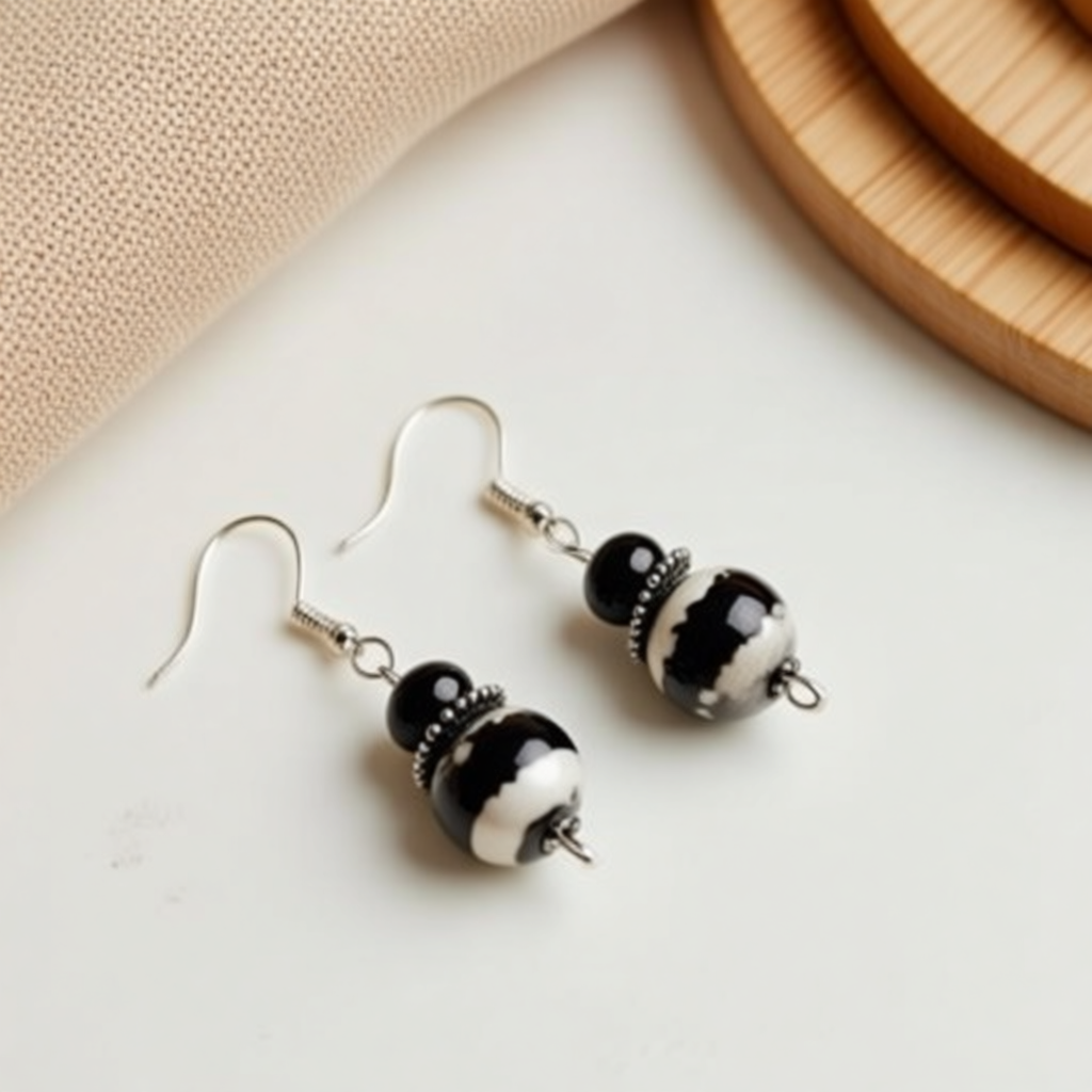 Black & Silver Stripe Beaded Dangle Earrings – Handcrafted