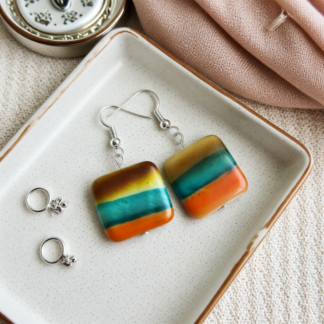 Ceramic Square Earrings Stripe Yellow Turquoise Orange