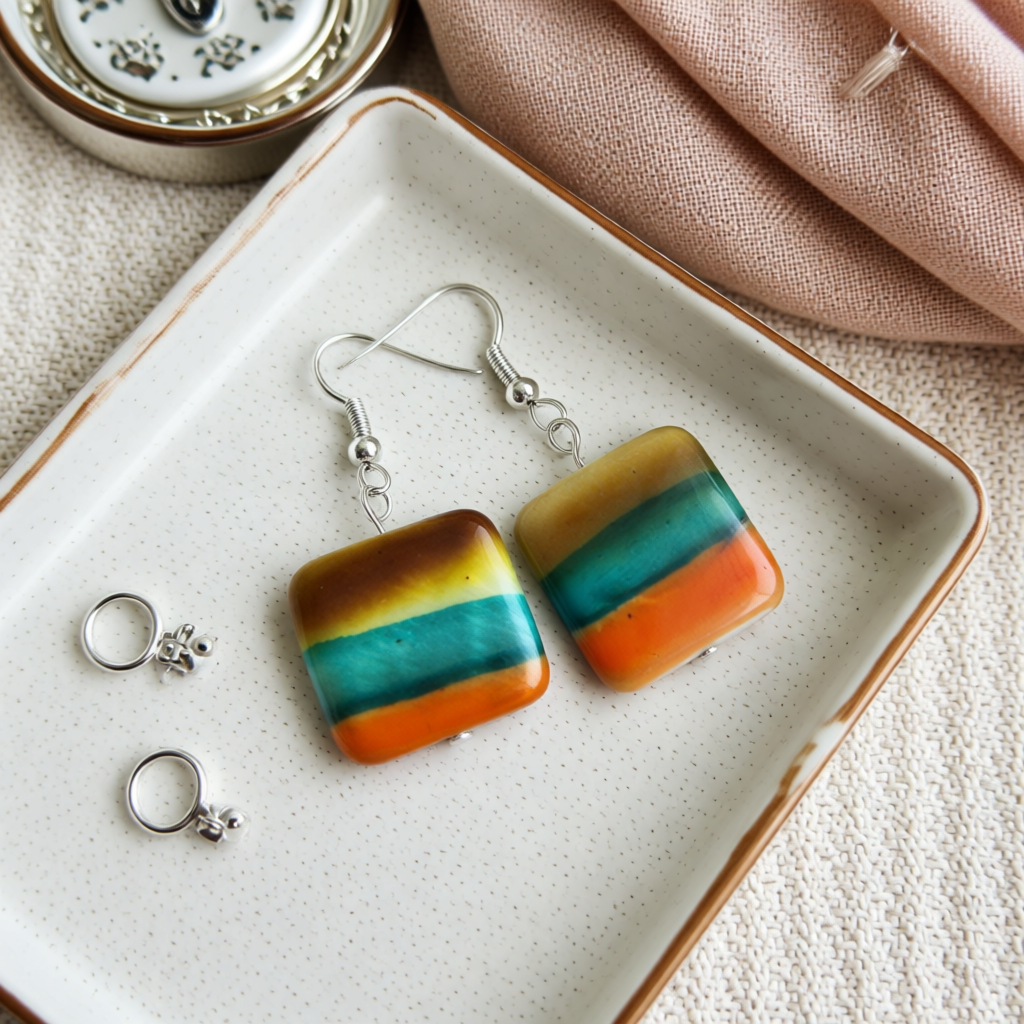 Ceramic Square Earrings Stripe Yellow Turquoise Orange