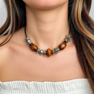 Chunky Mixed Beaded Choker Necklace With Wooden Beads
