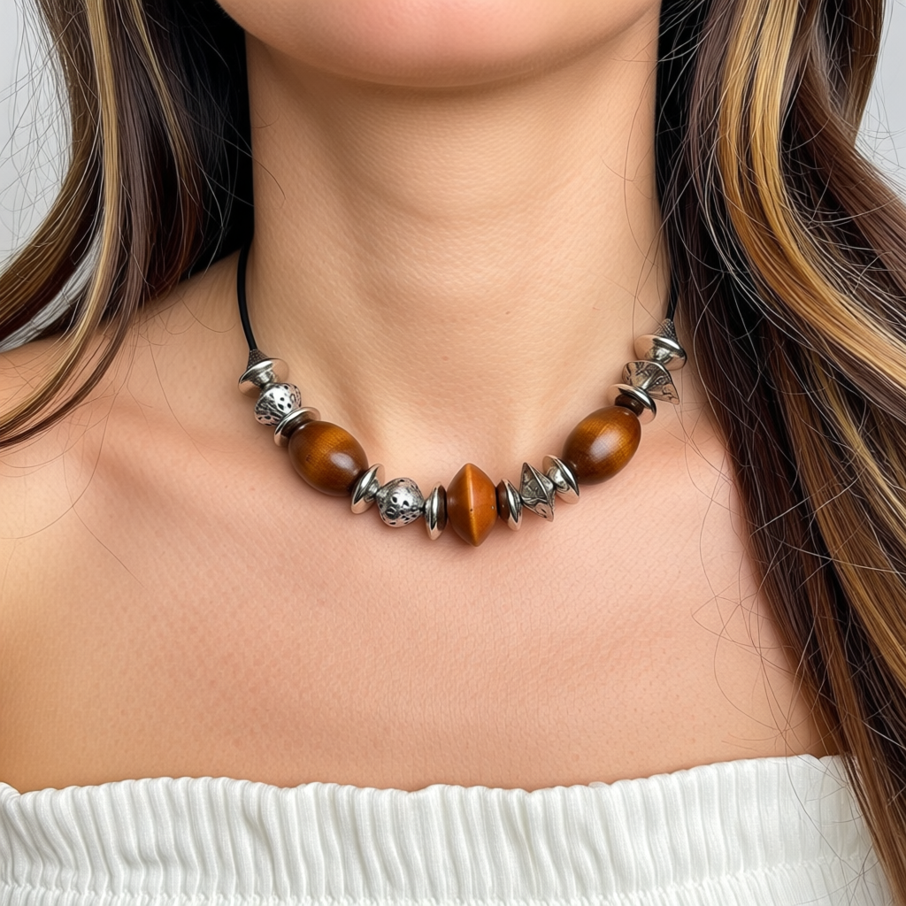 Chunky Mixed Beaded Choker Necklace With Wooden Beads