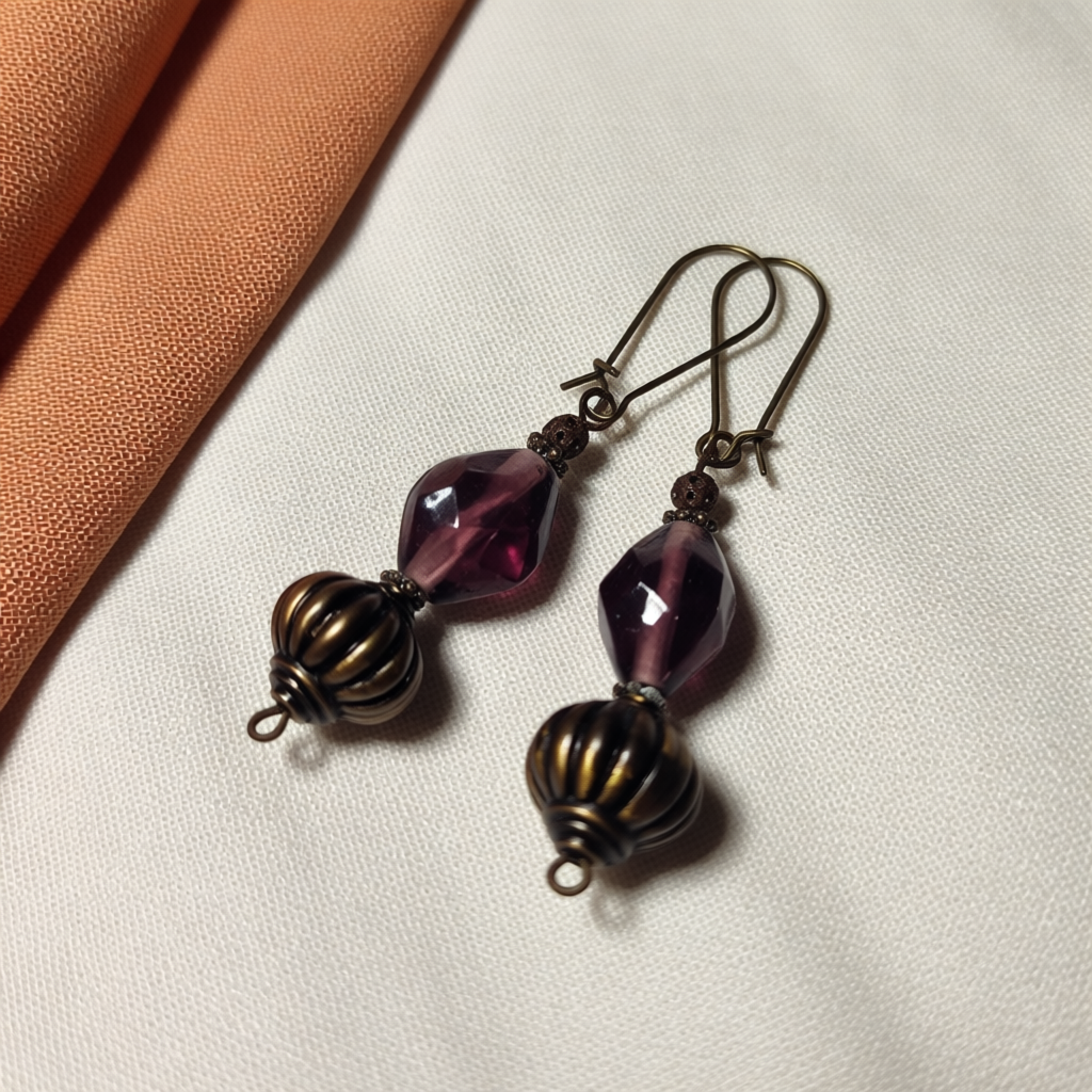 Distinctive Bronze Genie Earrings – Handcrafted Amethyst Polymer Clay Art