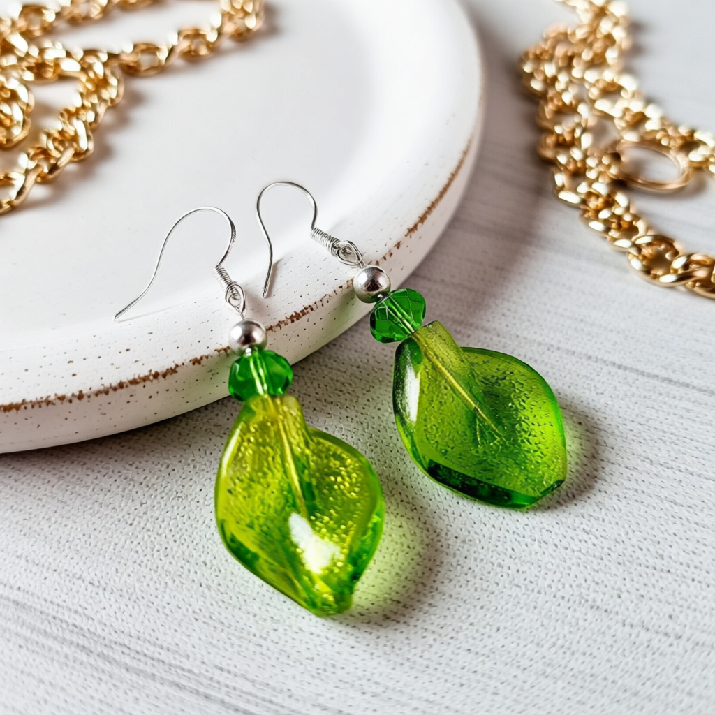 Exquisite Glass Leaf Dangle Earrings – Handcrafted Artistic Touch
