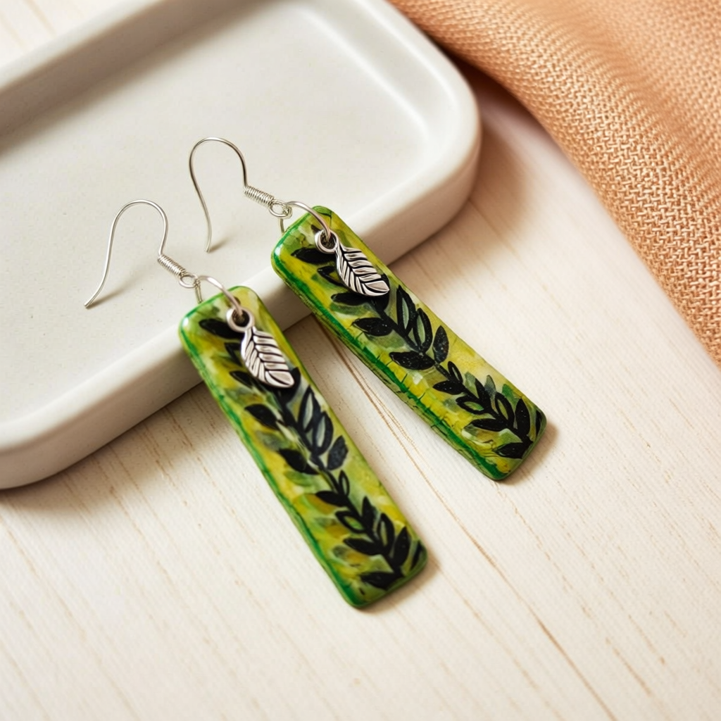 Green Leaf Polymer Clay Earring