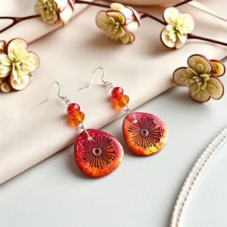 Hand Painted Polymer Clay Earrings – Orange Swirl Design