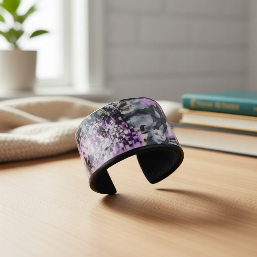 Hand Sculpted Polymer Clay Cuff Bracelet – Purple Graffiti