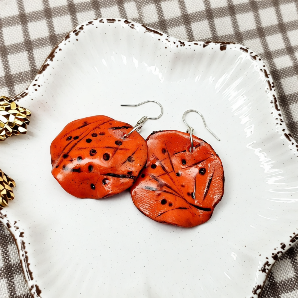 Hand Sculpted Polymer Clay Sea Dollar Disk Earrings in Orange