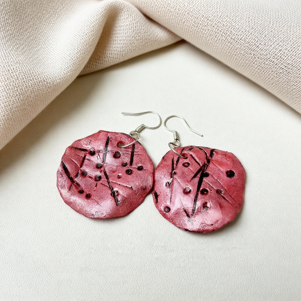 Hand Sculpted Polymer Clay Sea Dollar Disk Earrings in Pink