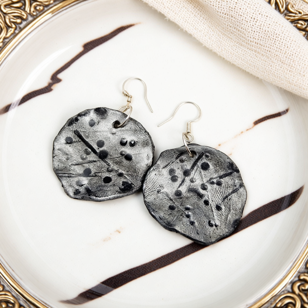Hand Sculpted Polymer Clay Sea Dollar Disk Earrings in Silver