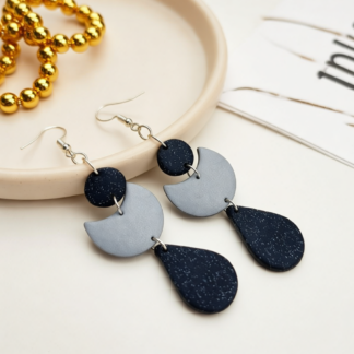 Handcrafted 3-Tier Navy & Silver Sparkle Polymer Clay Earrings
