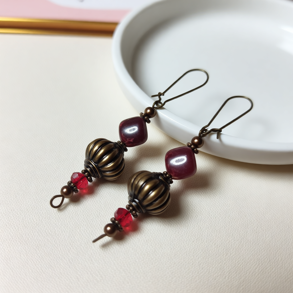 Handmade Deep Red Bronze Genie Earrings