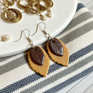Handmade Lightweight Polymer Clay Bronze and Yellow Metallic Look Leaf Earrings