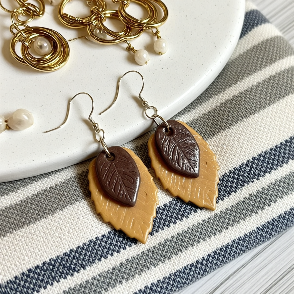 Handmade Lightweight Polymer Clay Bronze and Yellow Metallic Look Leaf Earrings