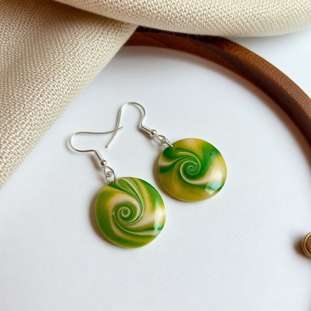 Handmade Polymer Clay Lentil Swirl Green Earrings