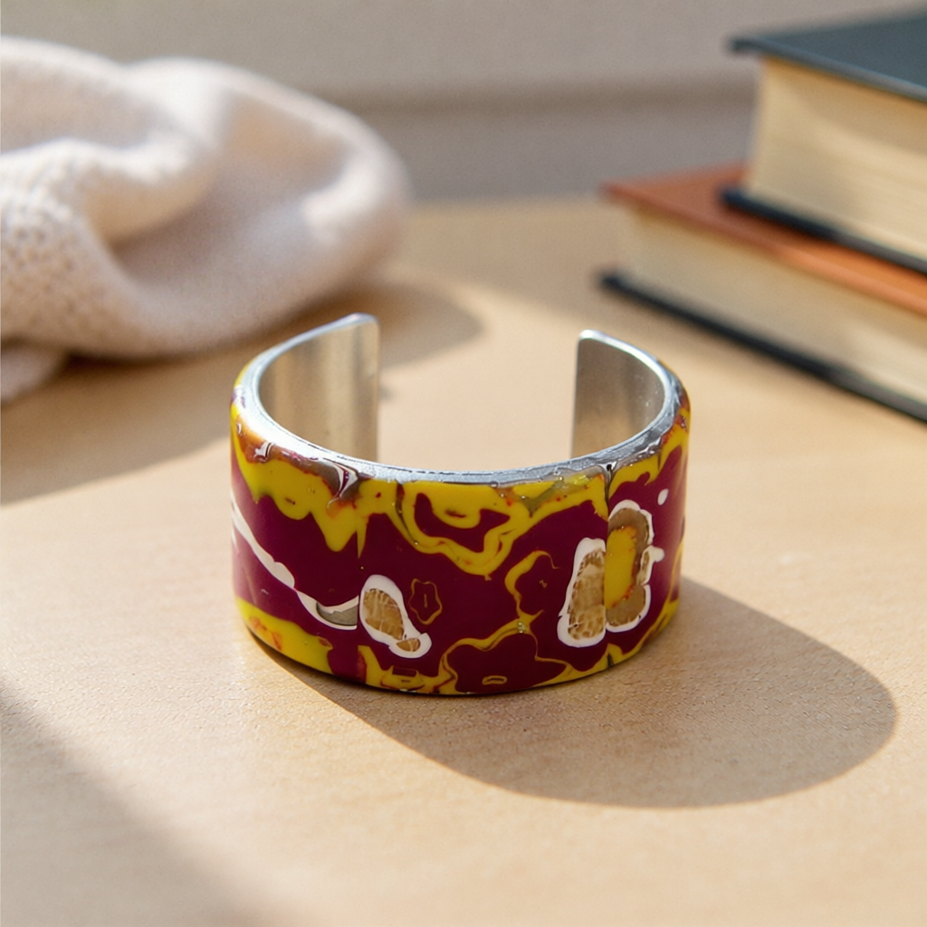 Metal Polymer Clay Cuff Bracelet Yellow and Maroon