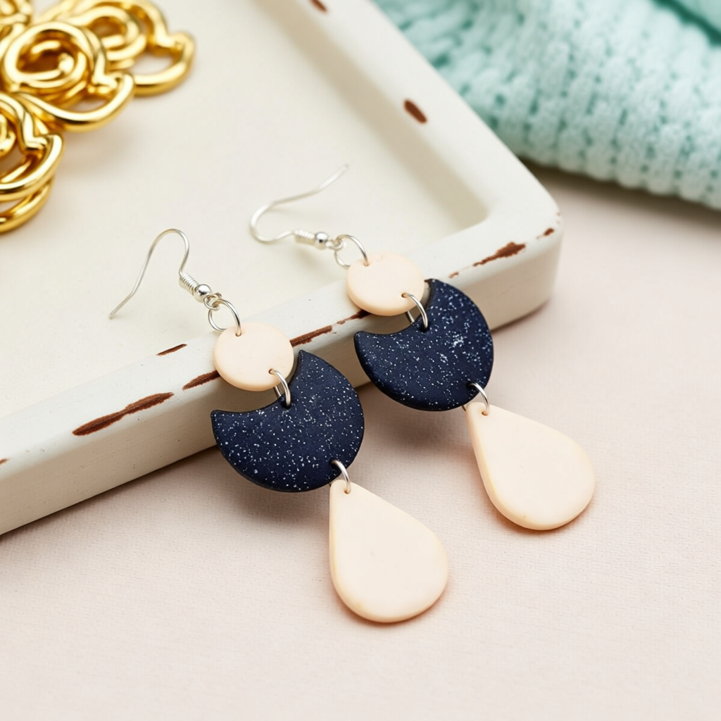 Navy Pink Polymer Clay Earrings – 3 Tiered Sparkle Design